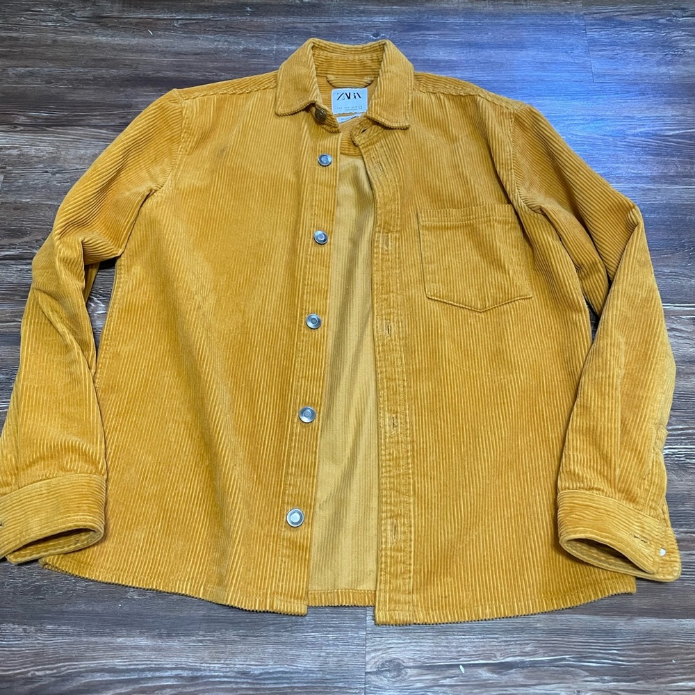 ZARA Corduroy Marigold Yellow Gold Shirt Jacket Metal Buttons